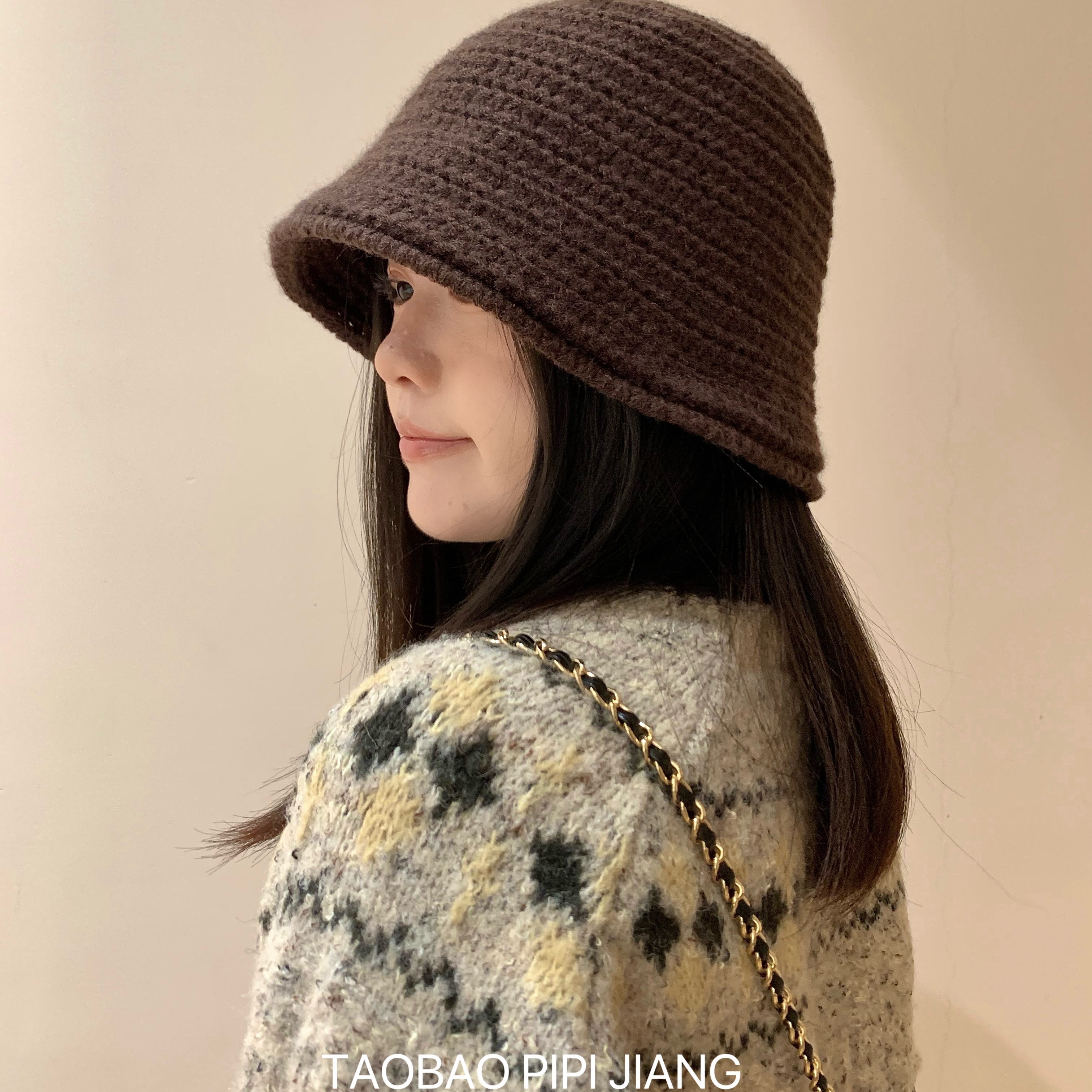 秋冬氛围感咖啡色针织渔夫帽