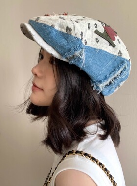日本小众设计师款牛仔拼接前进帽女春夏薄款做旧时髦复古画家帽子