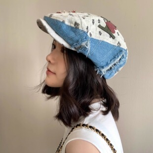 日本小众设计师款牛仔拼接前进帽女春夏薄款做旧时髦复古画家帽子