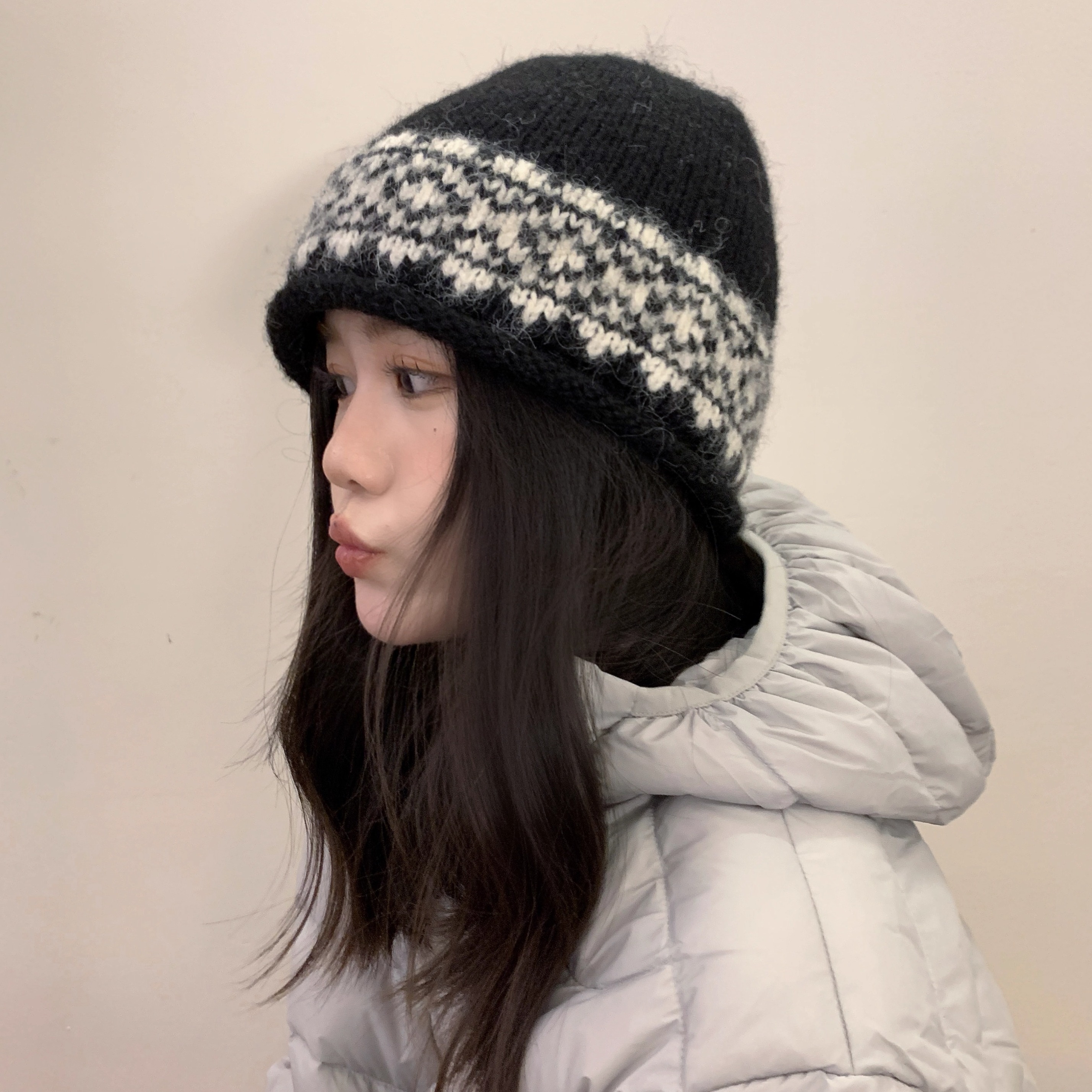 慵懒又日常的费尔岛花纹针织帽子女秋冬韩版复古百搭保暖卷边冷帽