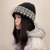 慵懒又日常 费尔岛花纹针织帽子女秋冬韩版 复古百搭保暖卷边冷帽