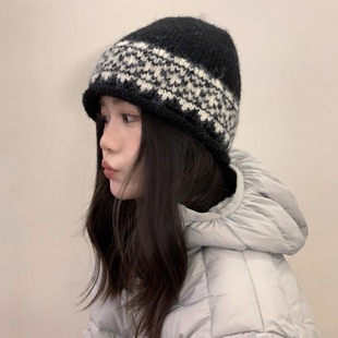慵懒又日常的费尔岛花纹针织帽子女秋冬韩版复古百搭保暖卷边冷帽