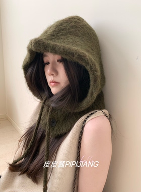 高级ins长绒羊毛针织拉法帽女秋冬复古文艺保暖护耳法式连帽围脖