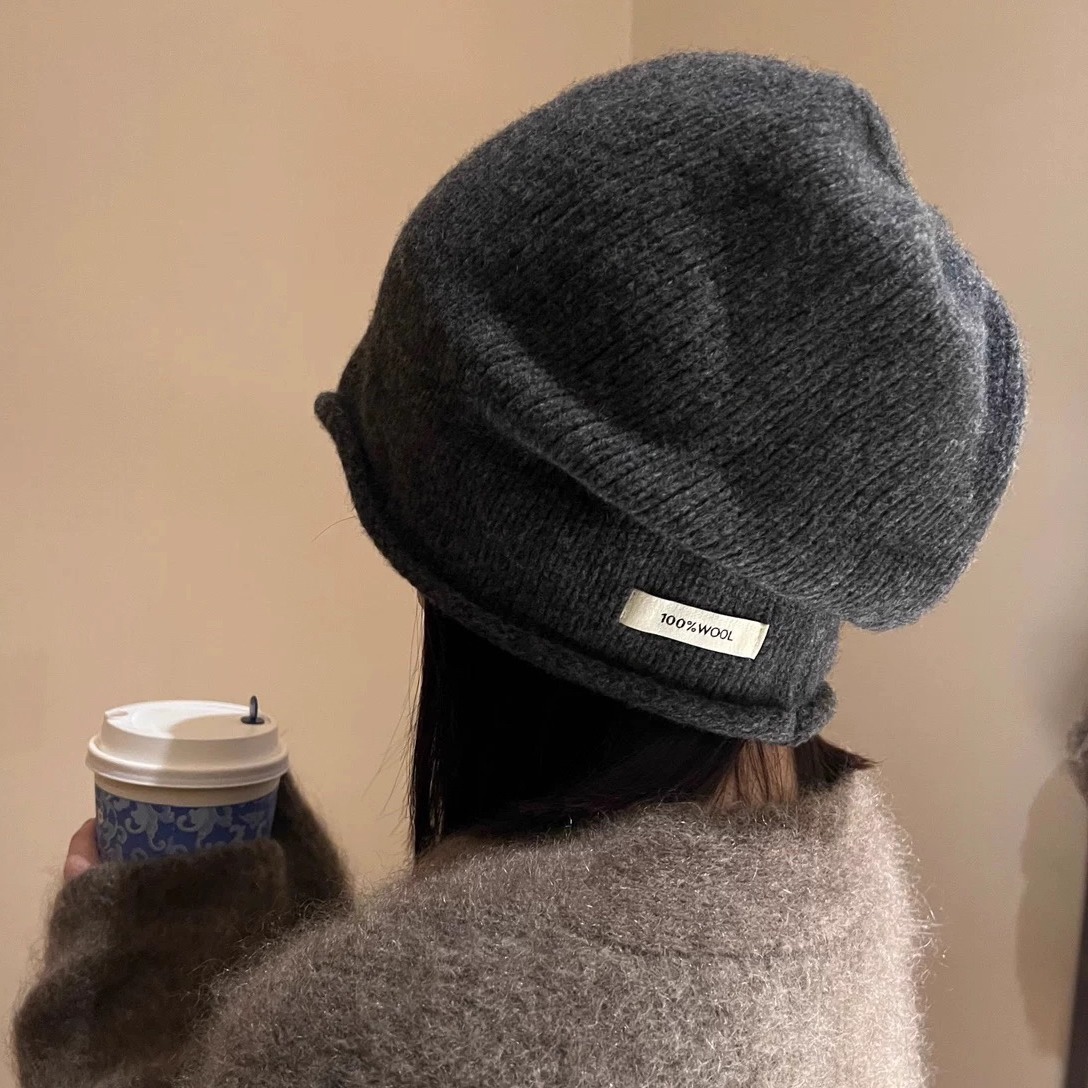 高智清冷灰～秋冬极简100%羊毛针织堆堆帽子女韩系时髦简约套头帽