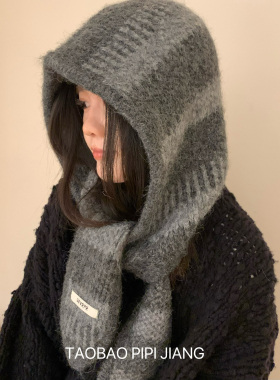 ins韩国巴拉克拉法帽女秋冬条纹保暖围巾帽子一体羊毛针织毛线帽