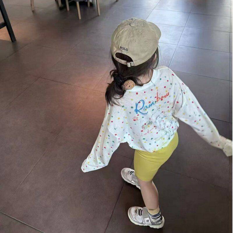 小思家女童套装2025夏季休闲韩版洋气波点字母印花上衣纯色骑行裤