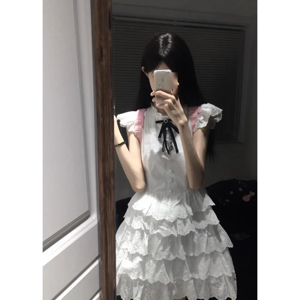 学院风高级感连衣裙女夏季设计感小众蝴蝶结小飞袖蛋糕蓬蓬短裙子