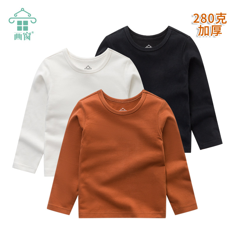 童装儿童装加厚纯色圆领长袖T恤春秋纯棉上衣打底衫女童男童体恤