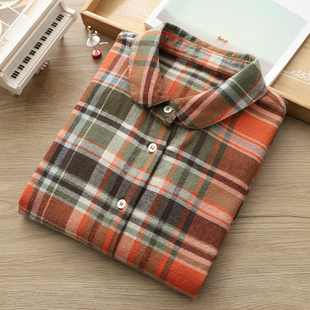 磨毛格子衬衫 2024冬季 长袖 娃娃领休闲百搭格纹纯棉打底衬衣 新款