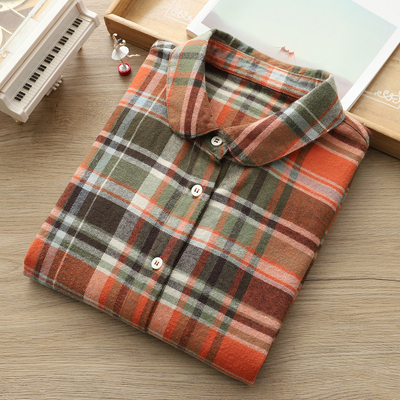 经典娃娃领长袖磨毛格子衬衫纯棉