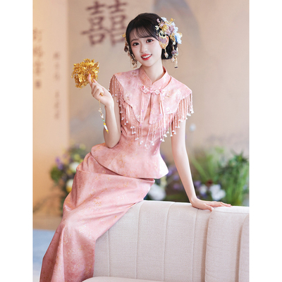 粉色订婚礼服裙新中式套装答谢宴