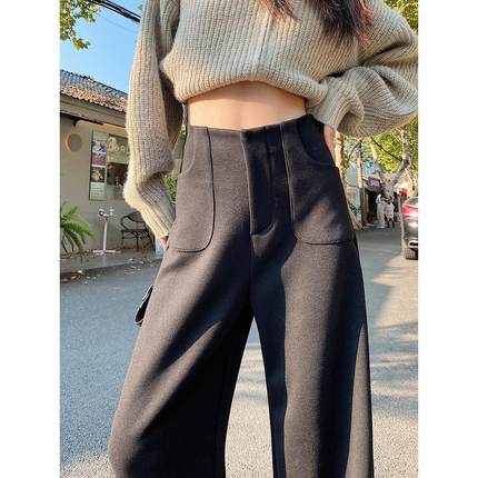 秋冬季西装裤加绒羊毛高腰感垂感休闲新款阔腿裤女呢高级裤子黑色