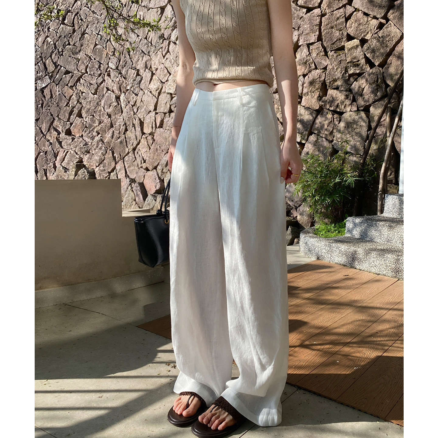 白色天丝亚麻裤女夏季薄款透气松弛老钱风休闲裤防晒麻料阔腿裤子
