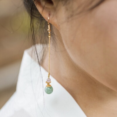 墨玉云间耳坠|天然翡翠色粉猫眼单珠18K金简约长耳坠古风汉服耳环