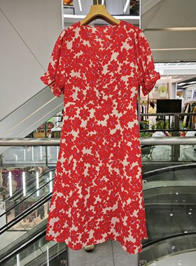 法式复古红花V领系带连衣裙清仓