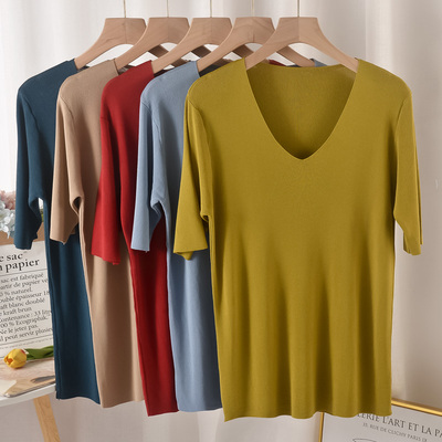 夏季韩版女装V领冰丝短袖上衣气质百搭修身显瘦半袖薄针织衫T恤