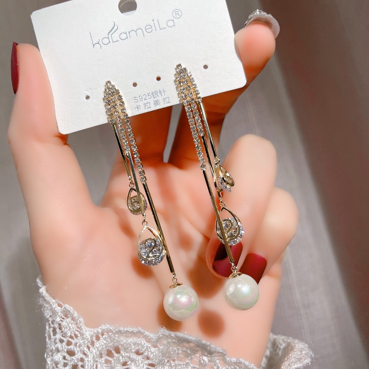 卡拉美拉日韩版时尚高端耳环s925银针镶钻锆石流苏贝壳珠耳钉耳坠