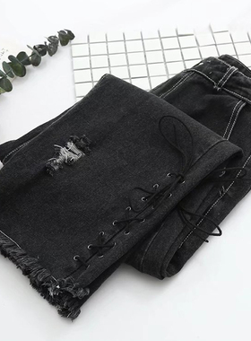 柴田纱希 AKA演唱会系列女款裤脚系带黑色磨旧破洞牛仔长裤休闲裤