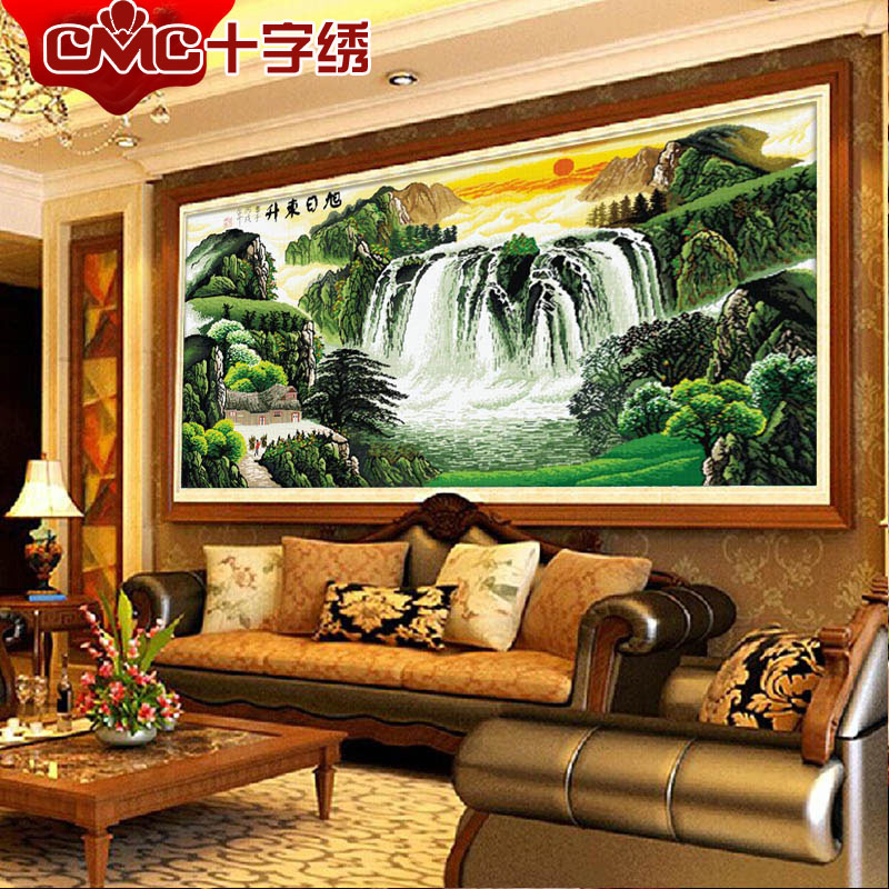 十字绣旭日东升老版山水风景客厅大画精准印花满绣流水生财