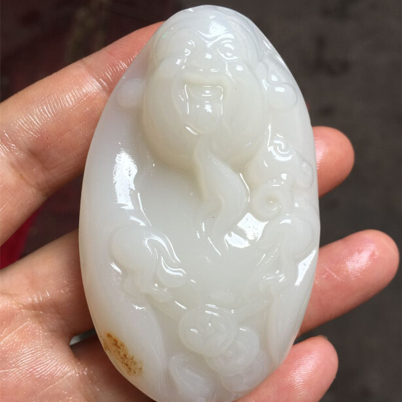 新疆和田白玉把件白玉财神带皮手把件 籽料羊脂白玉把玩件老坑料