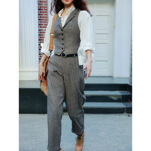 LISAYU原创秋冬休闲翻领马甲英伦修身 两件套 短马甲羊毛呢九分西裤