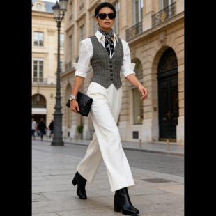 马夹复古格子修身 两件套装 背心 职业装 LISAYU羊毛格子马甲衬衣西装