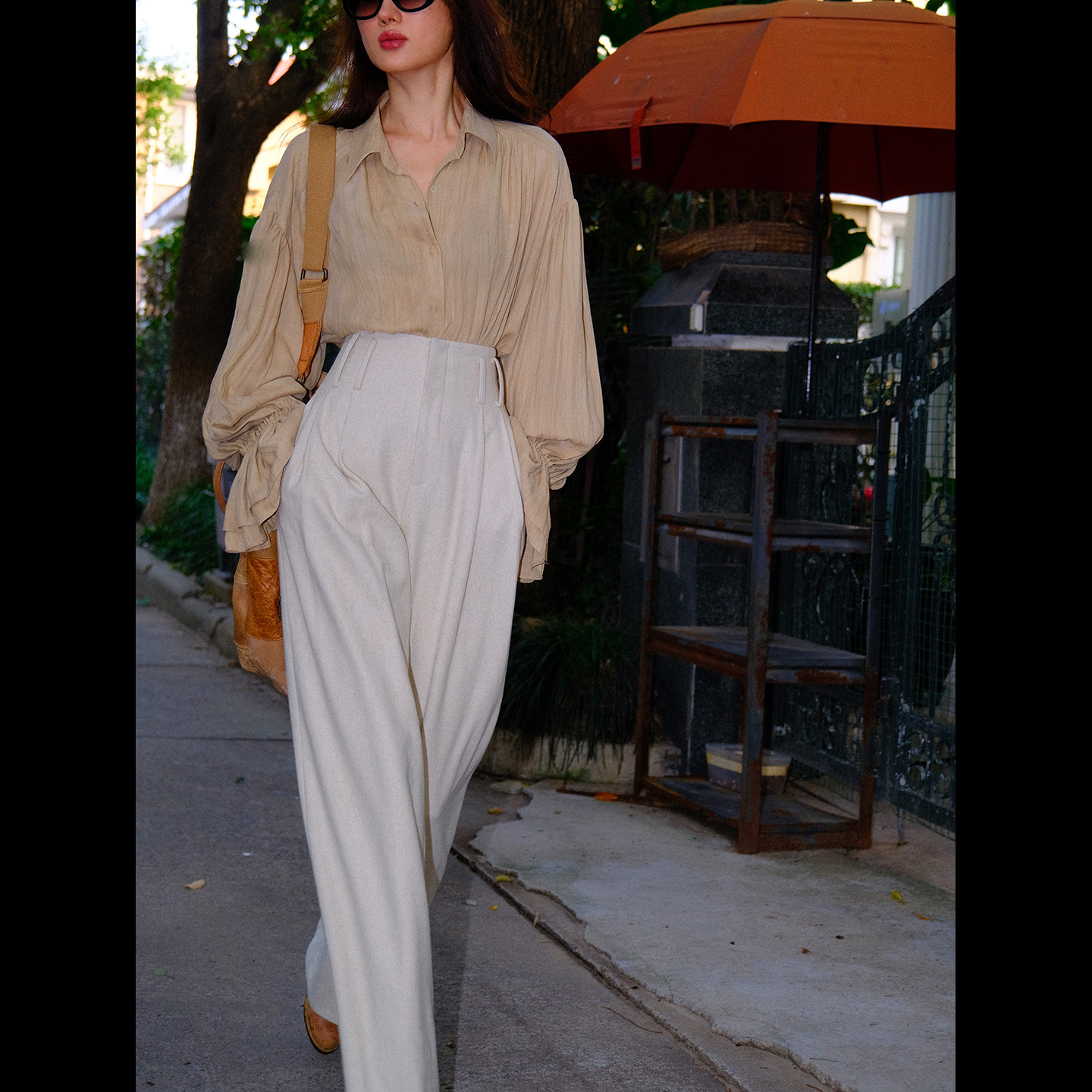 LISAYU法式复古宫廷衬衫大袖子泡泡袖羊毛阔腿裤毛呢长裤两件套装