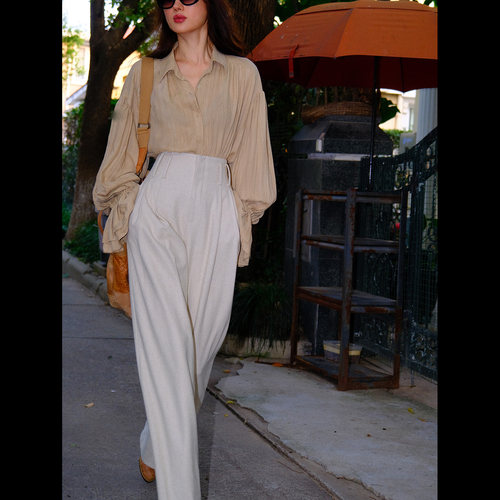 LISAYU法式复古宫廷衬衫大袖子泡泡袖羊毛阔腿裤毛呢长裤两件套装