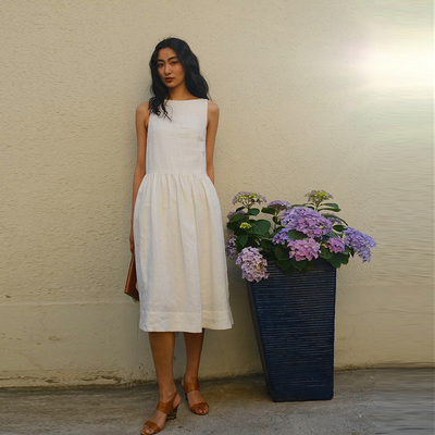 LISAYU2025亚麻连衣裙白色一字领无袖背心连体裙法式连衣裙中长裙