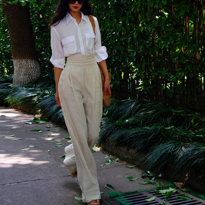 LISAYU休闲衬衣亚麻长裤套装口袋衬衣高腰亚麻棉阔腿裤上衣两件套