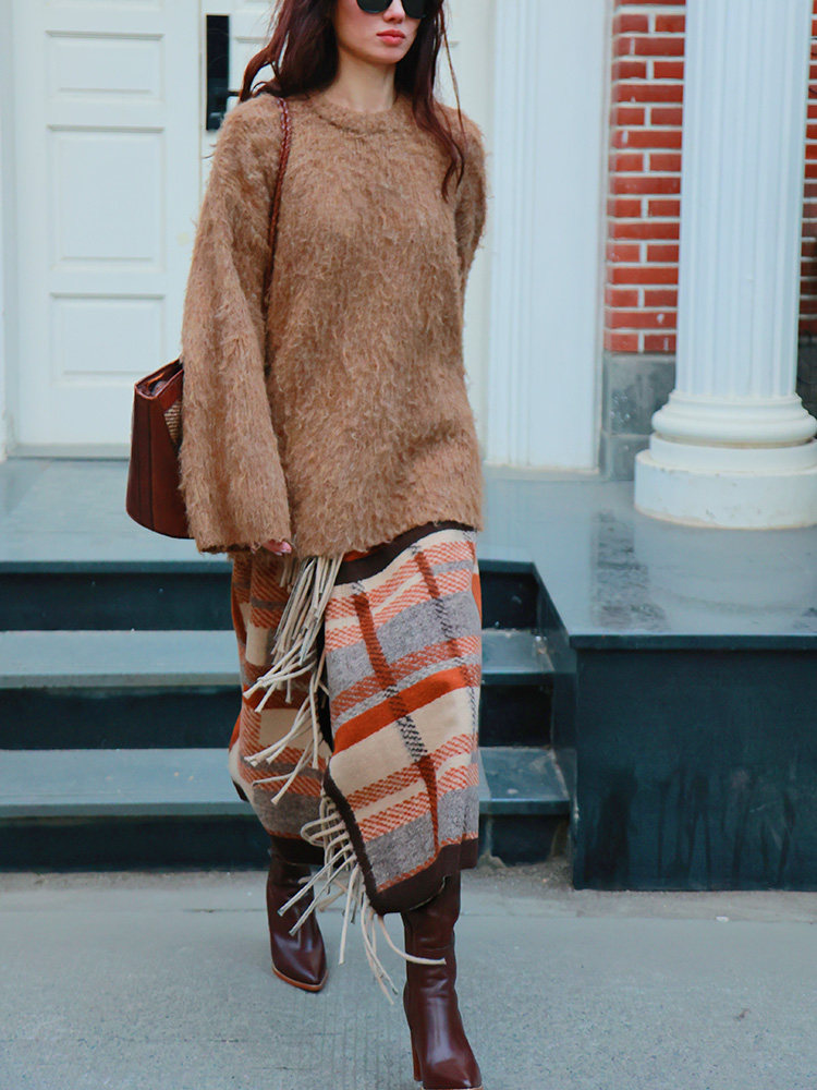 格子毛呢流苏半身裙毛呢裙子毛衣外套秋冬毛衣流苏长裙