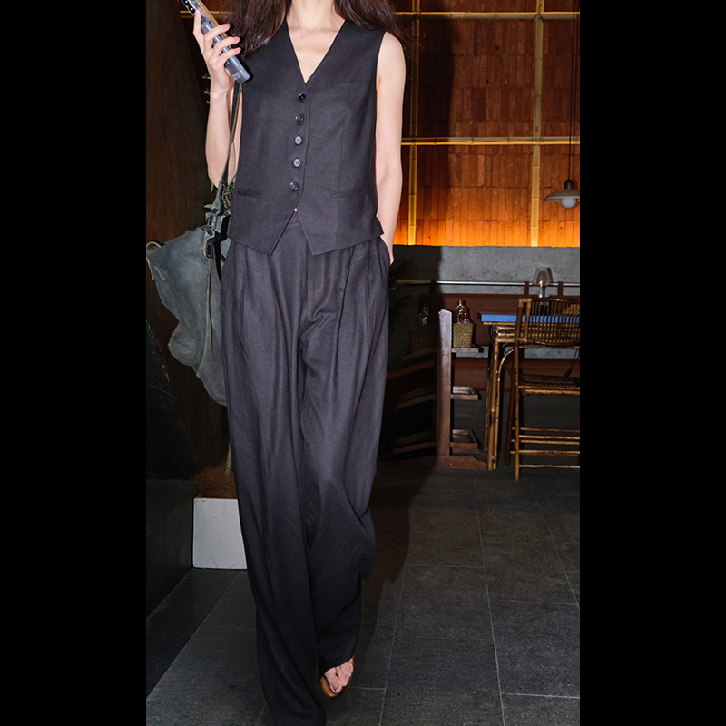 LISAYU2025春夏新款原创设计薄款亚麻棉马甲无袖长马甲长裤两件套
