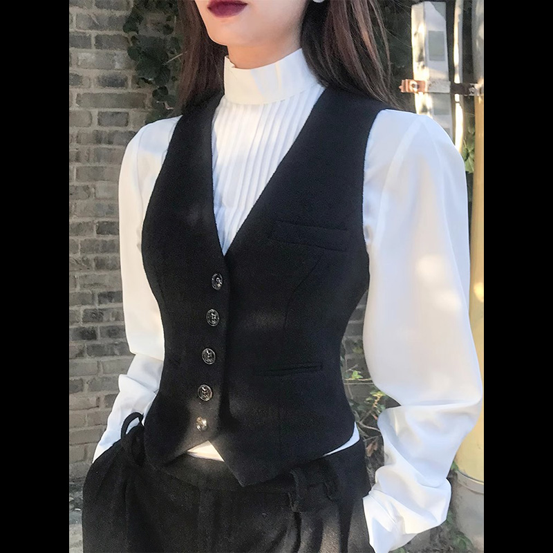2025LISAYU羊毛黑色修身马甲衬衣两件套羊毛毛呢紧身马夹短款套装