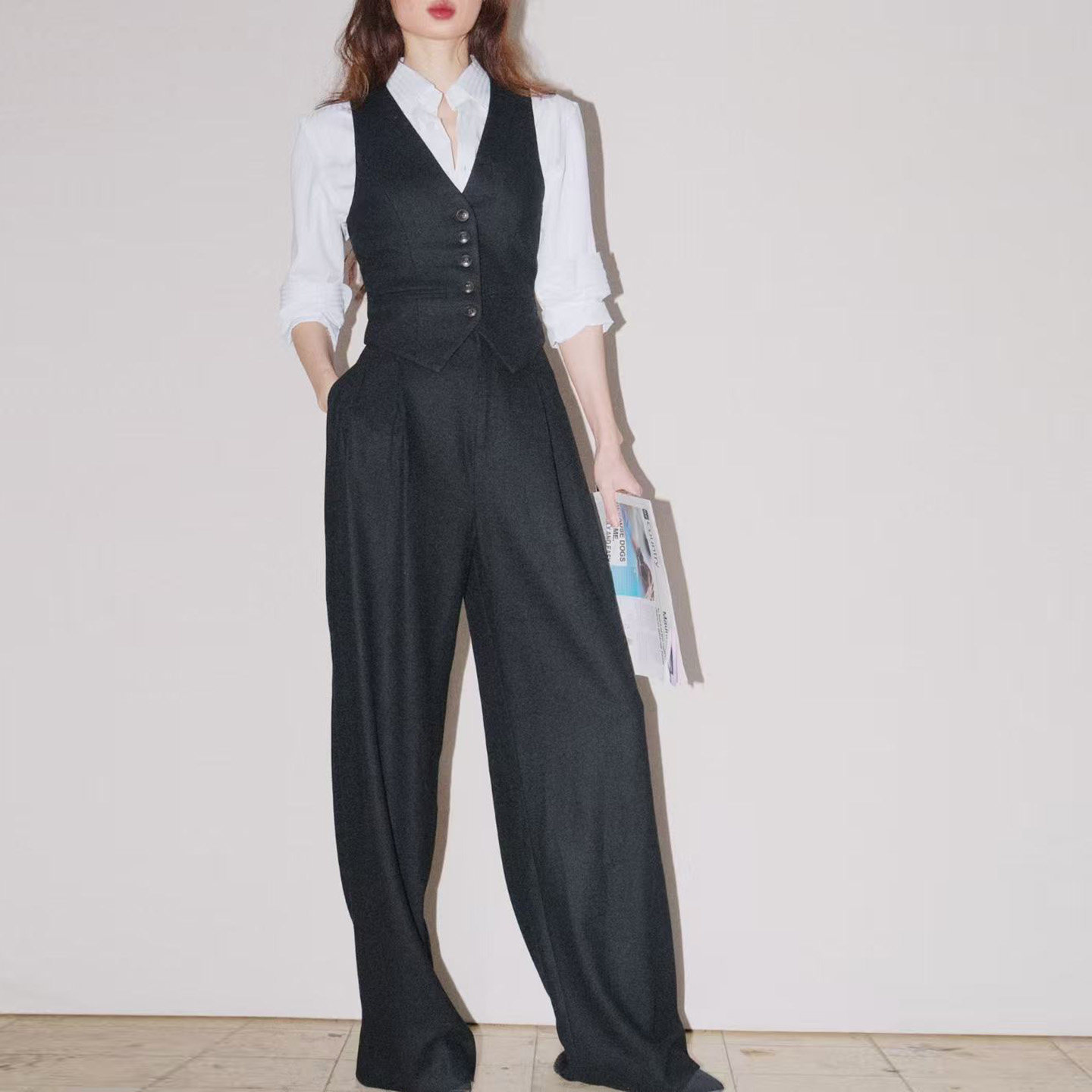 LISAYU黑色毛呢羊毛双排扣马甲粉蓝衬衣两件套装呢子马甲衬衣套装