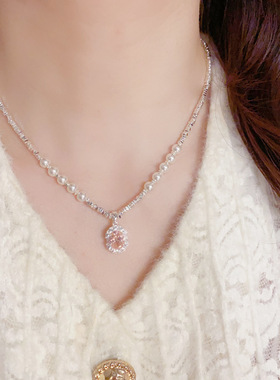 欧美复古粉色锆石碎银子珍珠项链轻奢高端小众级设计感精致锁骨颈