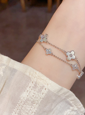 欧美复古贝壳双层手链四叶花草镶钻锆石轻奢高端小众级设计感精致