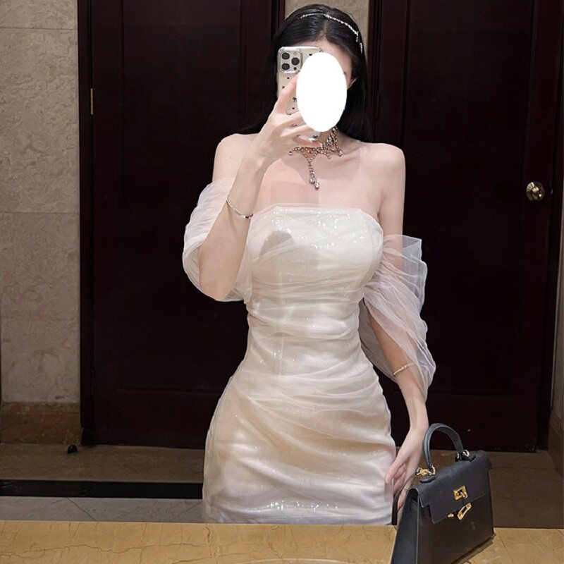 性感抹胸一字领露肩背礼服轻奢高端小众级气质名媛晚宴收腰连衣裙