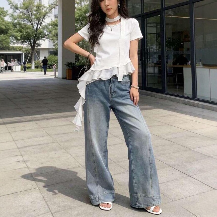 下摆荷叶边纯色短袖T恤女上衣潮