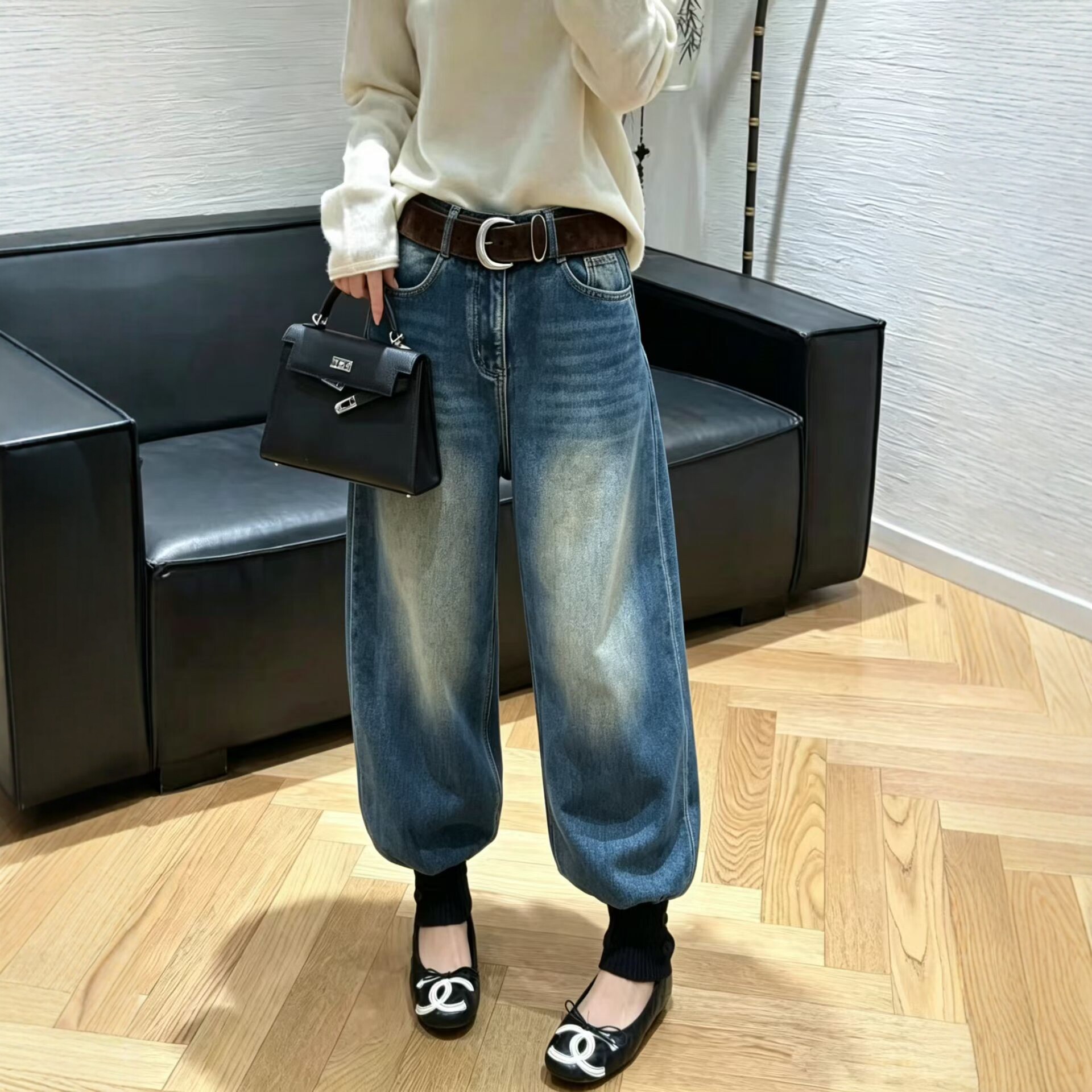 磨毛加厚束脚牛仔裤女2026秋冬潮