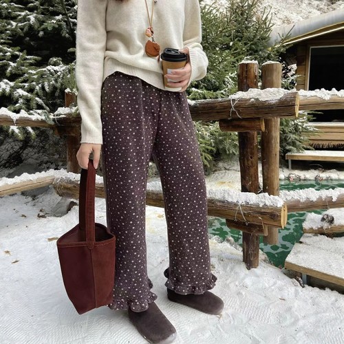 松紧腰加绒加厚碎花丝绒裤子女潮