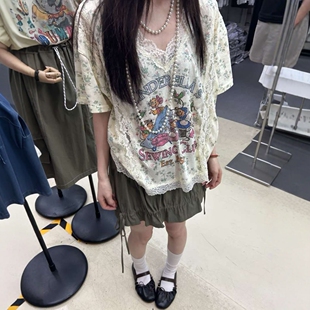 韩国东大门拼蕾丝卡通印花短袖T恤女2026夏新欧洲站宽松碎花上衣