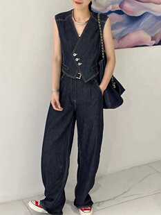 欧货牛仔时尚套装女薄款2024夏季无袖马甲+高腰阔腿牛仔裤两件套