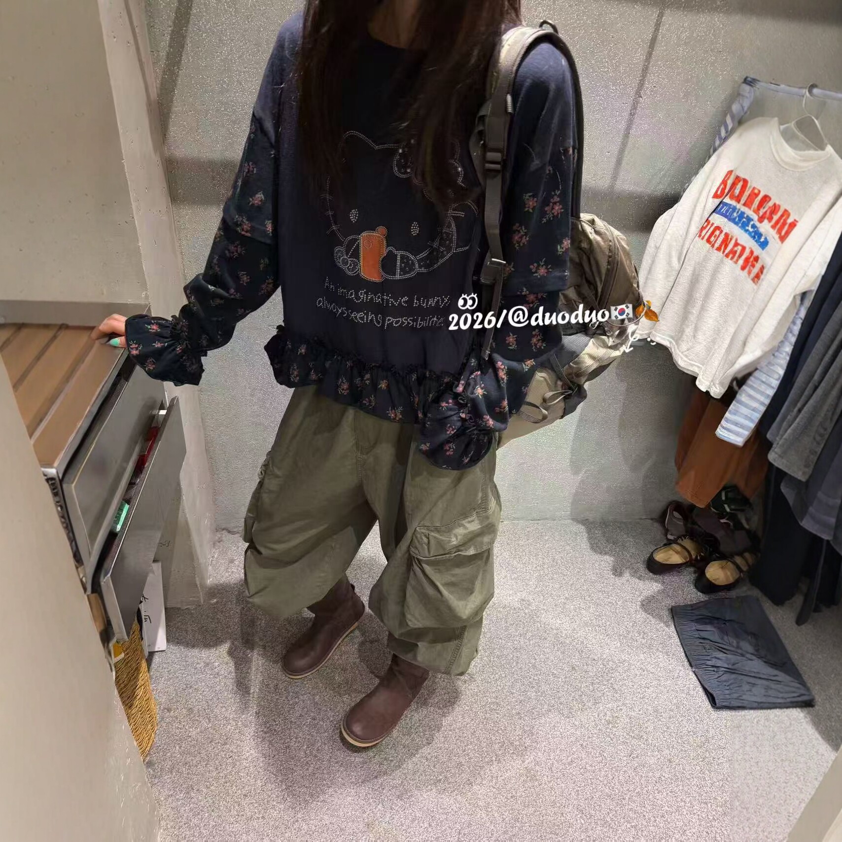 荷叶边假两件圆领长袖t恤女2026