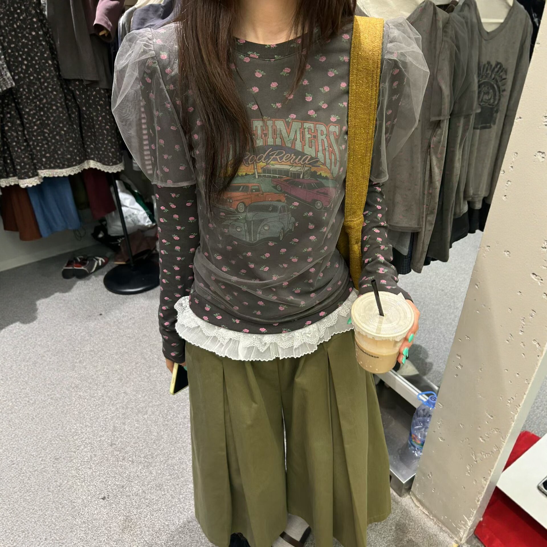 卡通印花T恤泡泡袖拼网纱上衣女