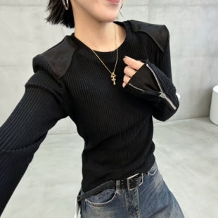 圆领正肩坑条女士针织衫2026新款秋季欧洲站修身显瘦百搭打底衫潮