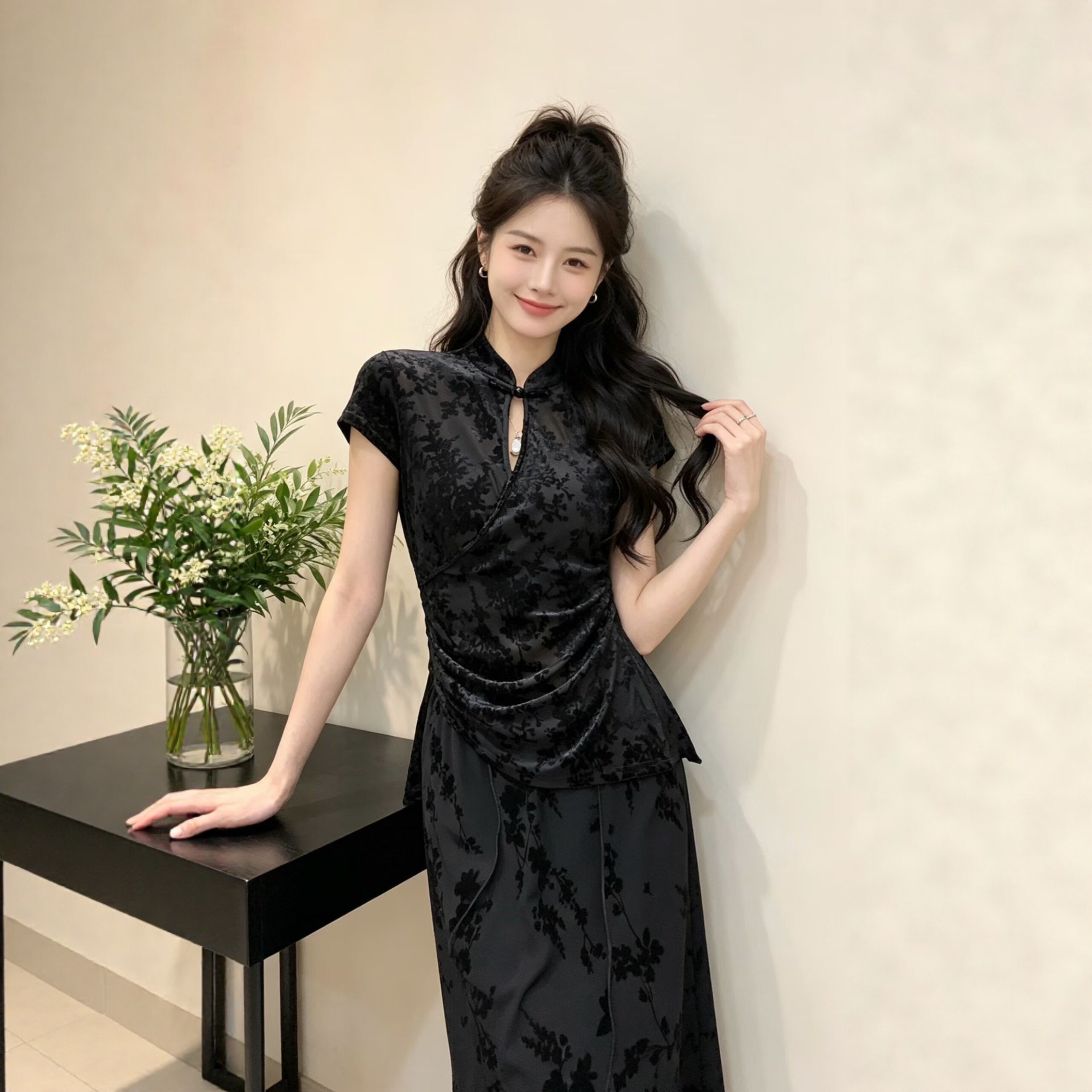 新中式网纱植绒国风短袖T恤女潮