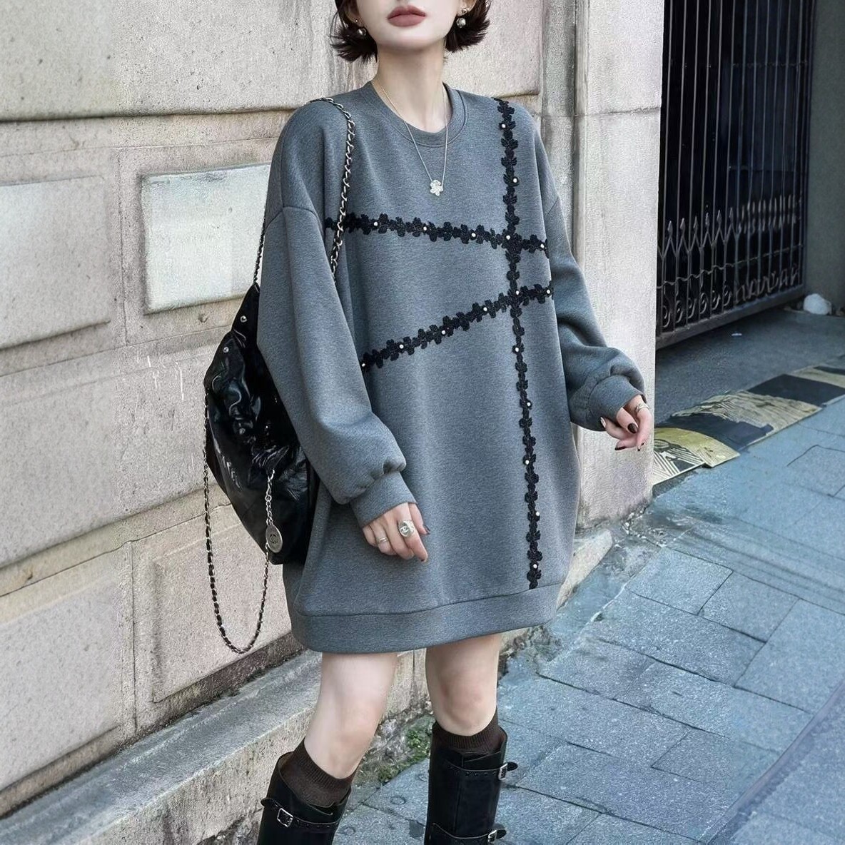 长袖花朵钉珠中长款卫衣t恤女潮
