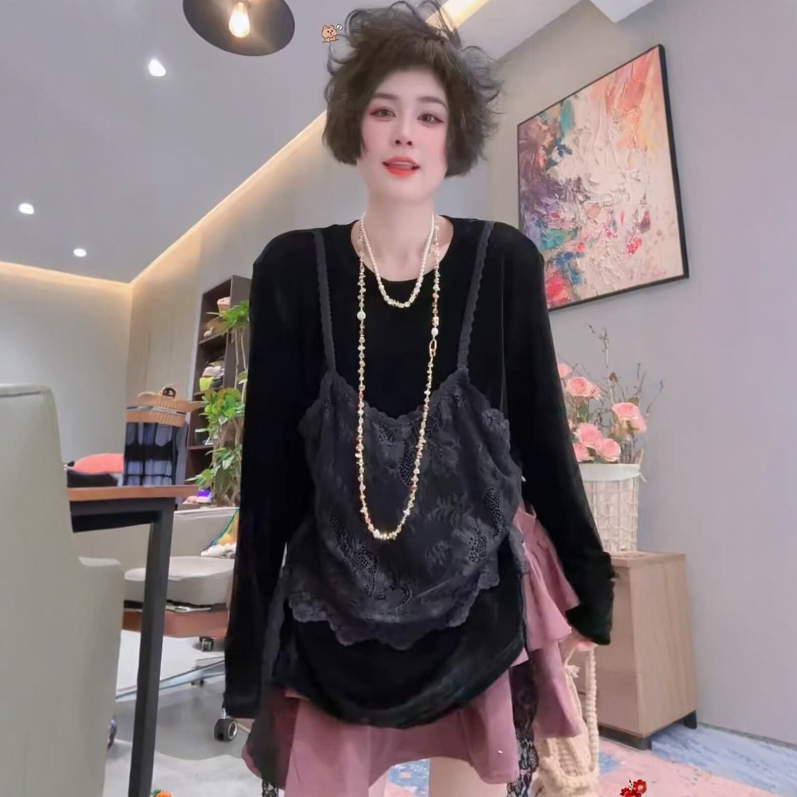 拼蕾丝吊带假两件长袖t恤女2026