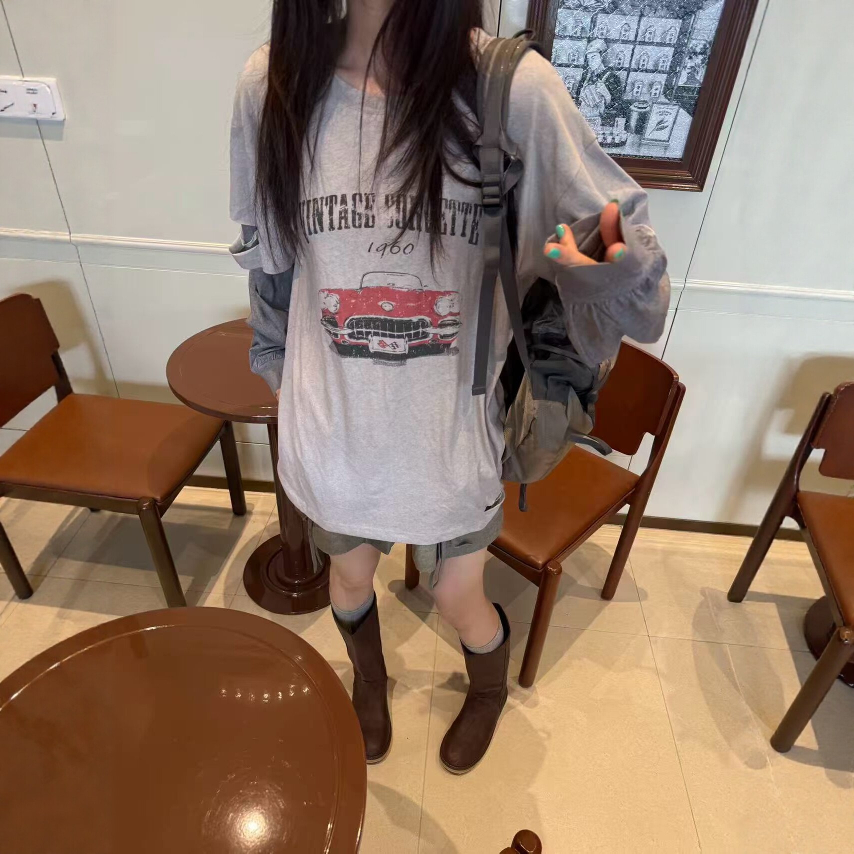 复古汽车印花长袖T恤假两件上衣