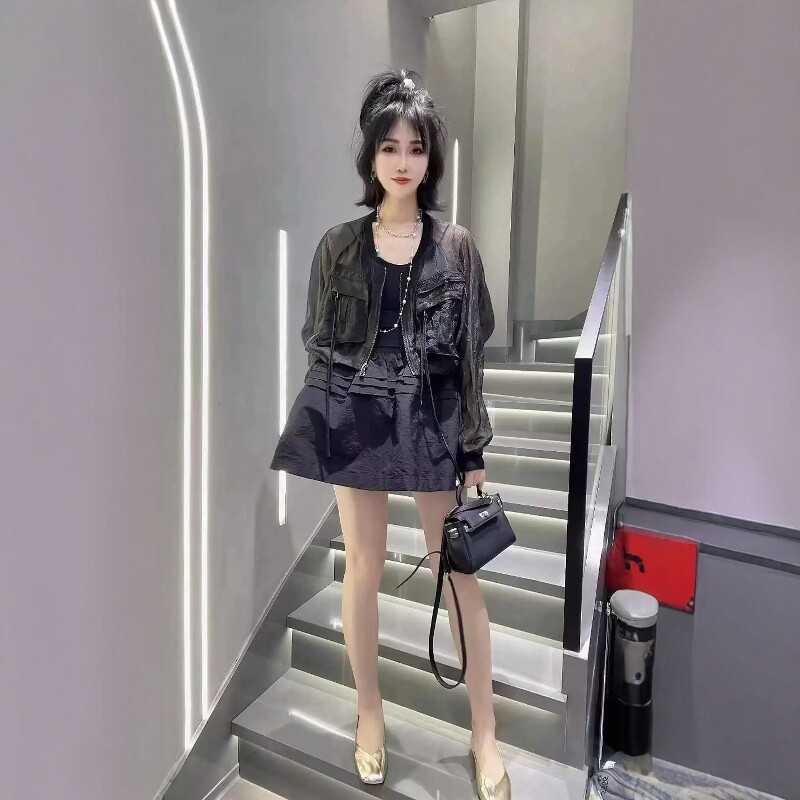 微透双口袋拉链短款网纱外套女潮